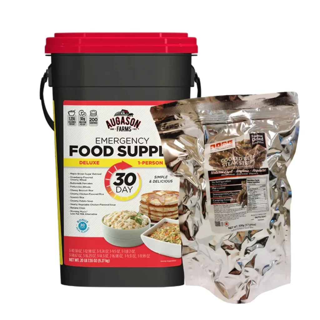 Augason Farms freeze dried food with a pouch of freeze dried beef