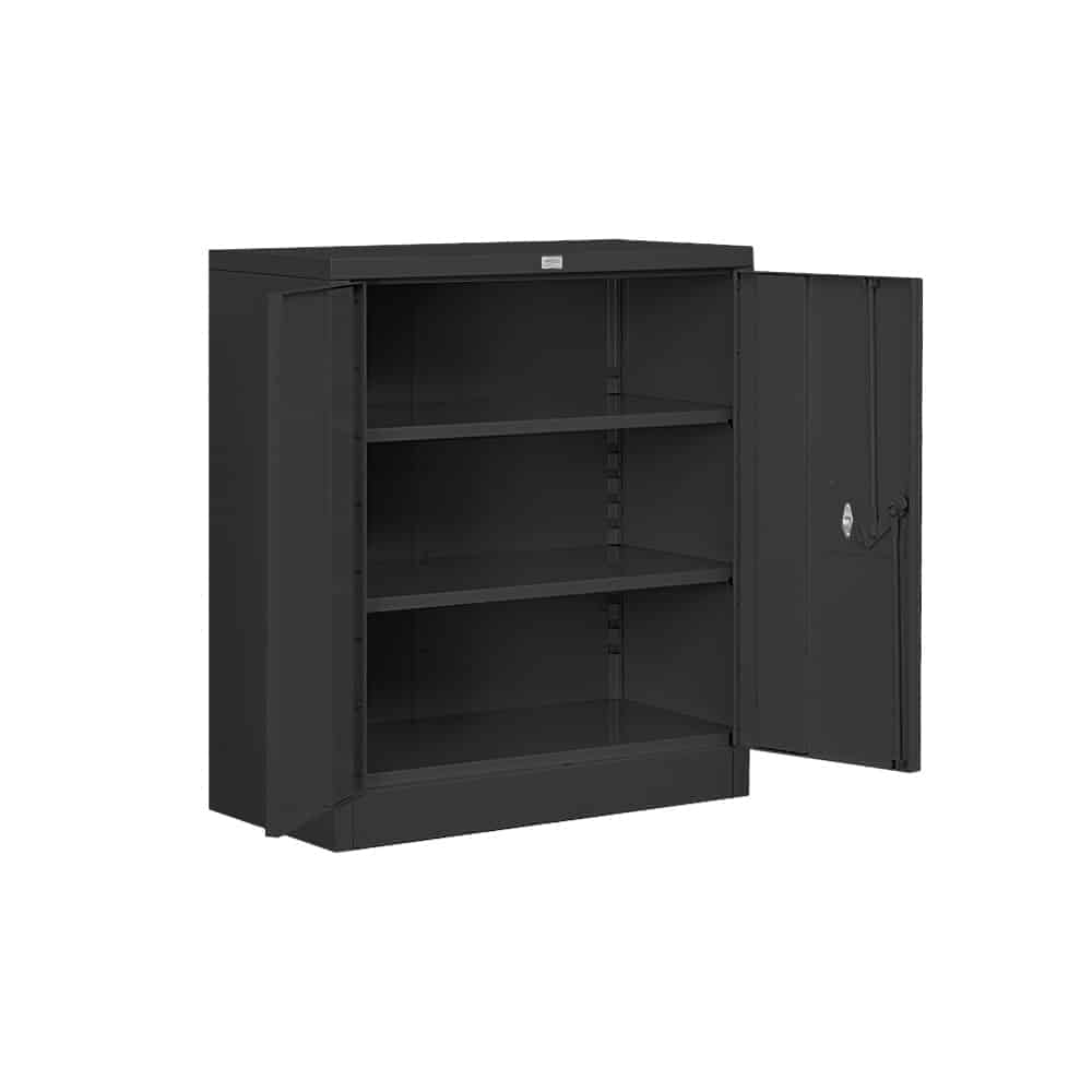 An open black heavy duty storage cabinet