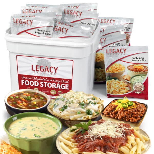 A bucket of Legacy Food pouches surrounded by cooked meals