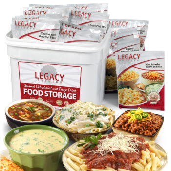 A bucket, loose pouches, and prepared meals of freeze dried emergency food