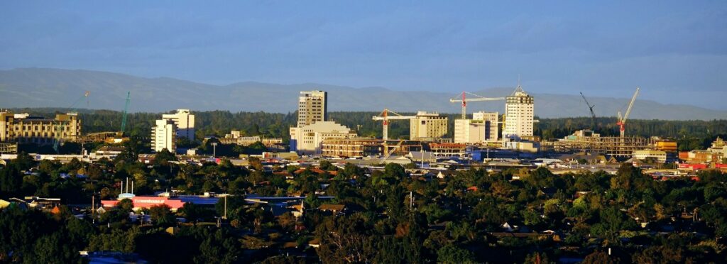 A photograph of the Christchurch, NZ skyline.