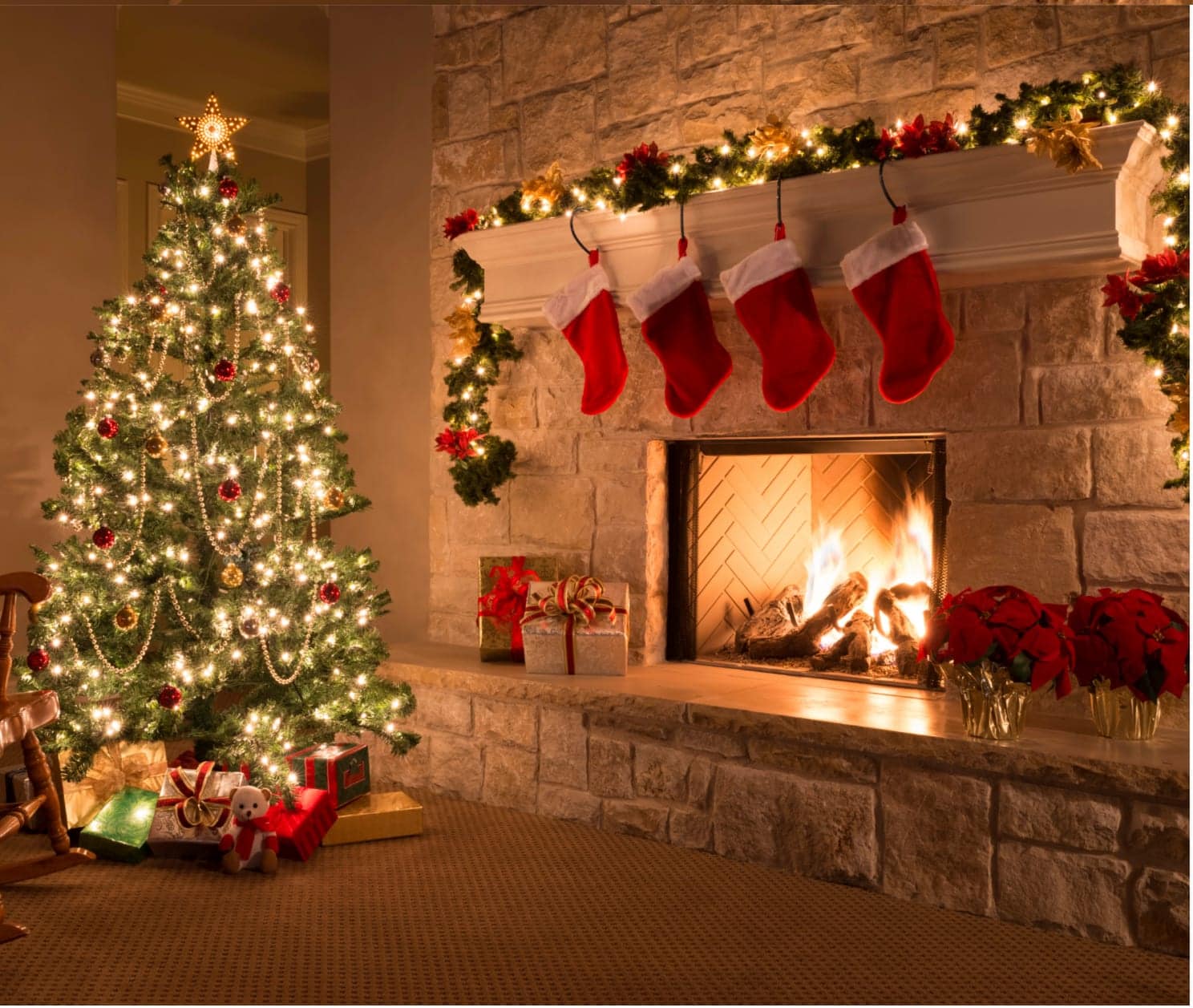 Christmas safety tips - room with hearth and Christmas tree
