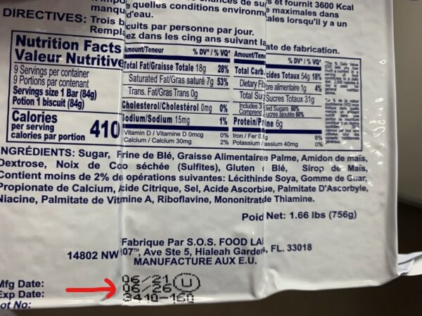 A photo of the back of an SOS food bar showing where to find the expiry date at the bottom. Update your emergency kit's food & water supply if there are fewer than 6 months remaining before expiry.