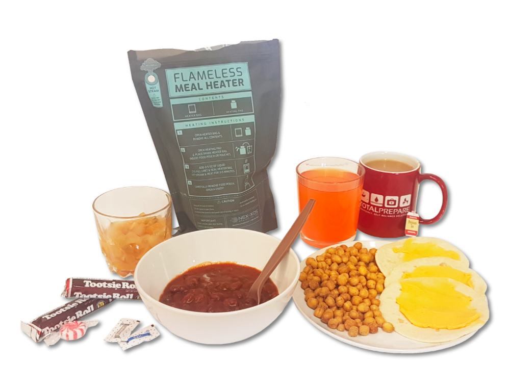 An image showing the layout of a TOTAL PREPARE MRE. It includes tortillas, cheese spread, chili, tea, orange beverage, fruit, tootsie rolls, a candy, and salt and pepper.