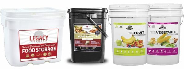Legacy, Wise, and Augason Farms Freeze Dried Food Buckets