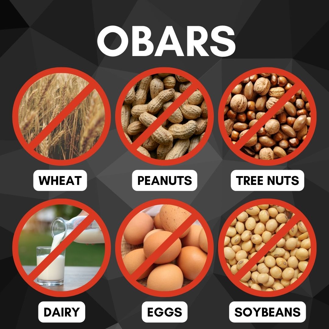 OBARs are wheat free, peanut free, tree nut free, dairy free, egg free, and soybean free.