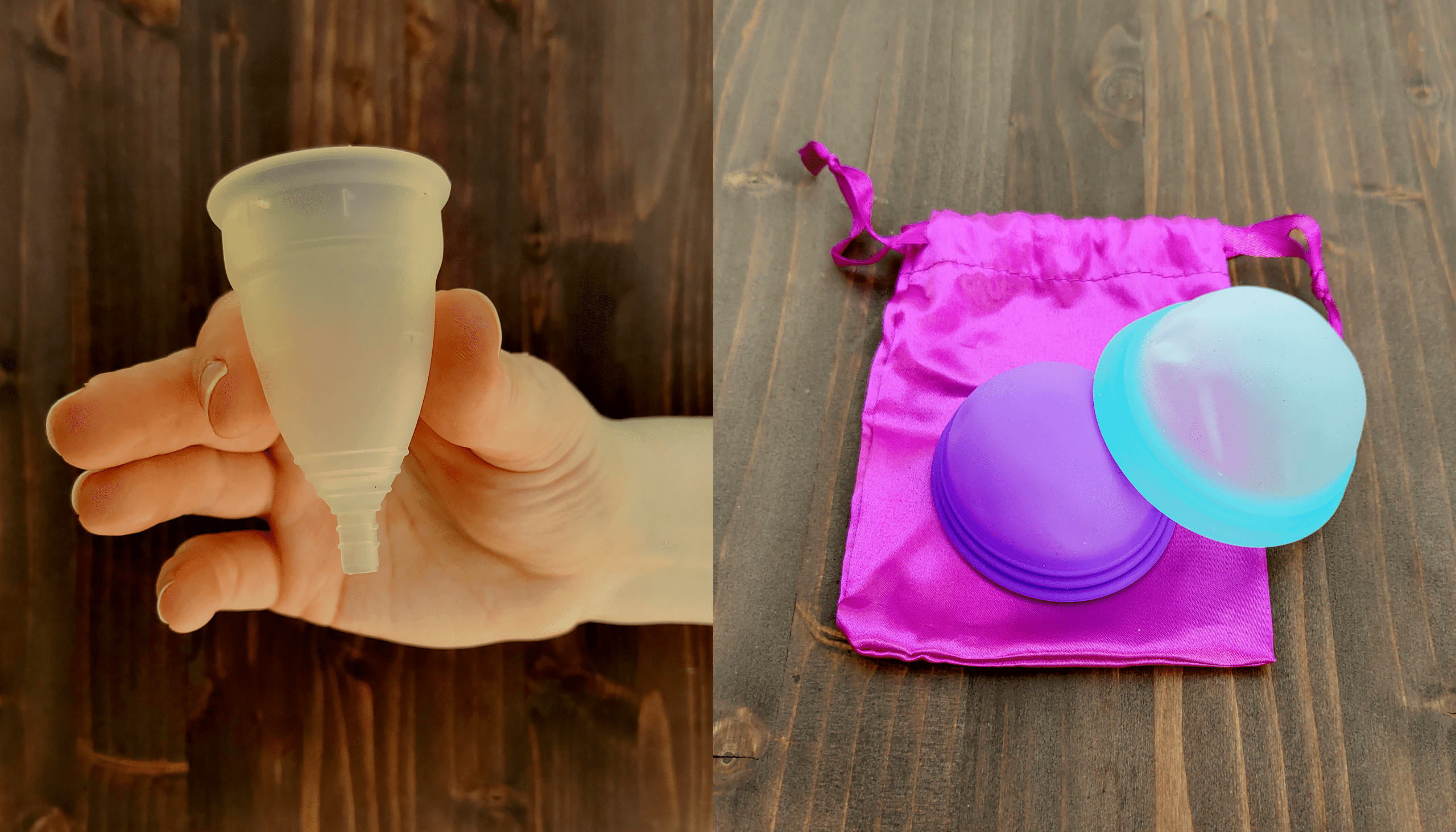 Examples of a menstrual cup and menstrual disks.