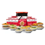 Readywise 120 serving entree package surrounded by pouches and meals