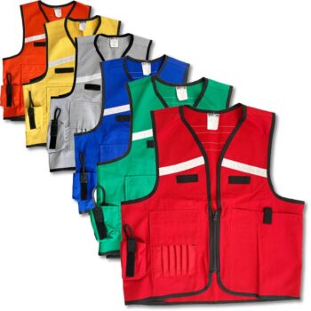 Custom Emergency Operations Centre vests in a variety of colours. Each vest has large pockets and reflective strips.