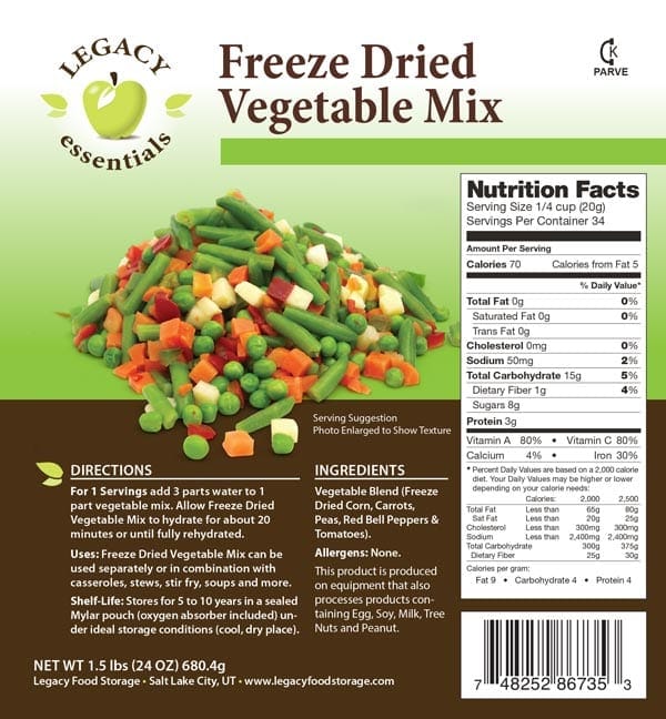 Freeze Dried Vegetable Mix Total Prepare Inc. Canada