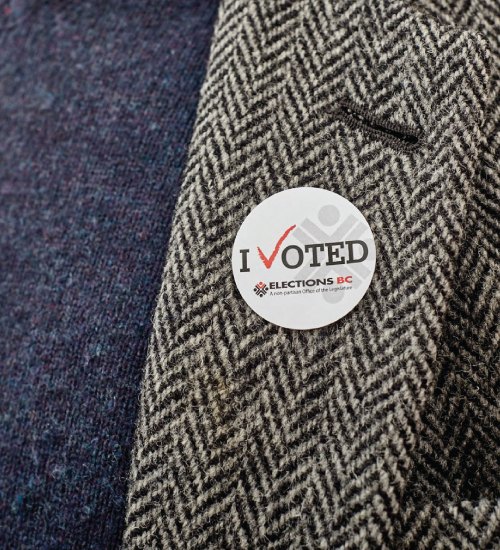 A lapel with an "I voted" sticker on it.