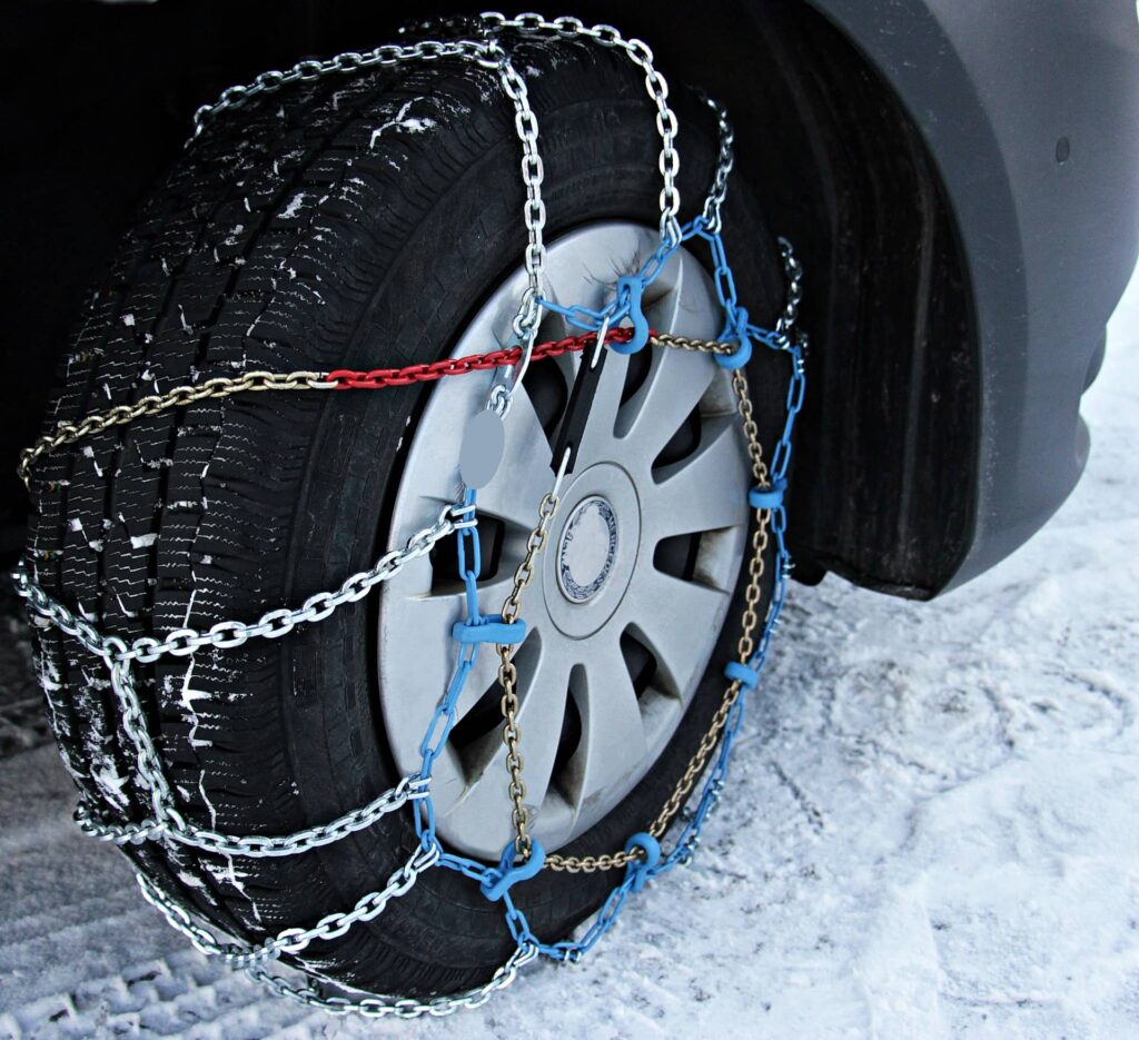 vehicle with snow chains on