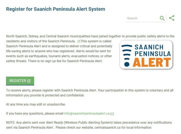A screenshot of the Saanich Peninsula Alert System website with details on how to sign up for the alert.